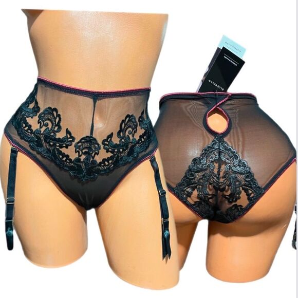 BLUEBELLA Mara High Waist Suspender Brief mesh Floral Appliqué Garter Black S - Picture 9 of 11